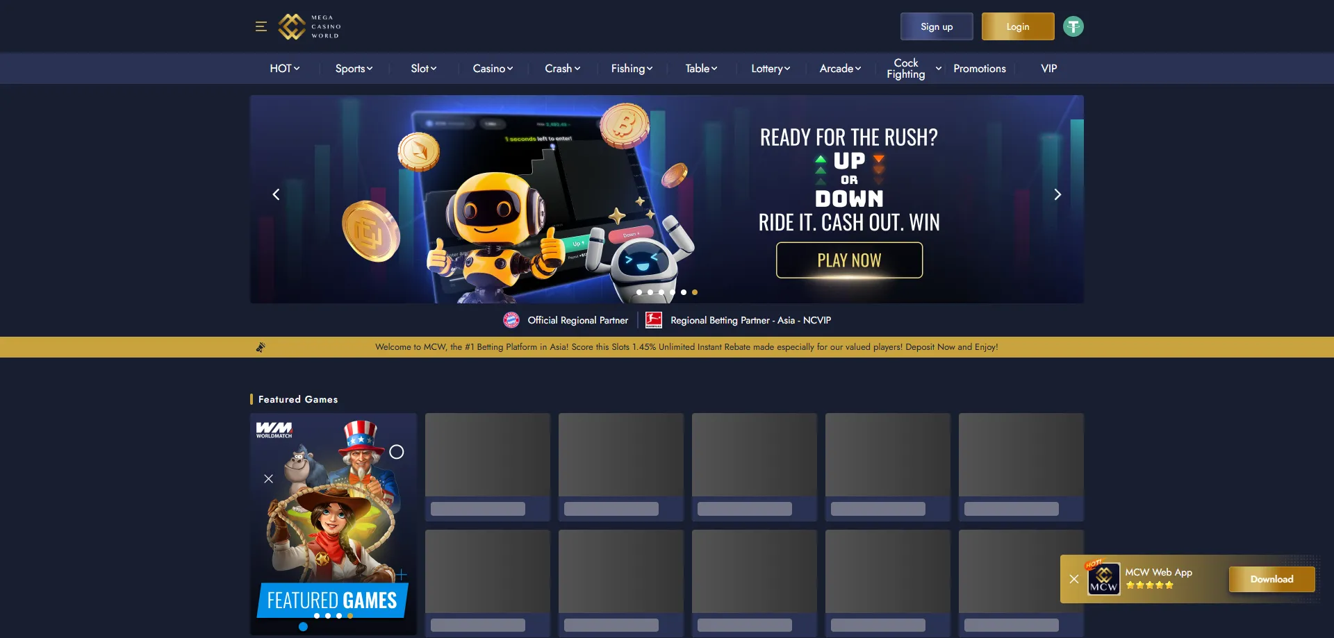 Mcw Mega casino lobby overview with game categories